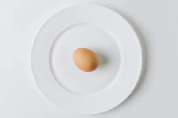 Brown egg laying on white plate on white background — Stock Photo