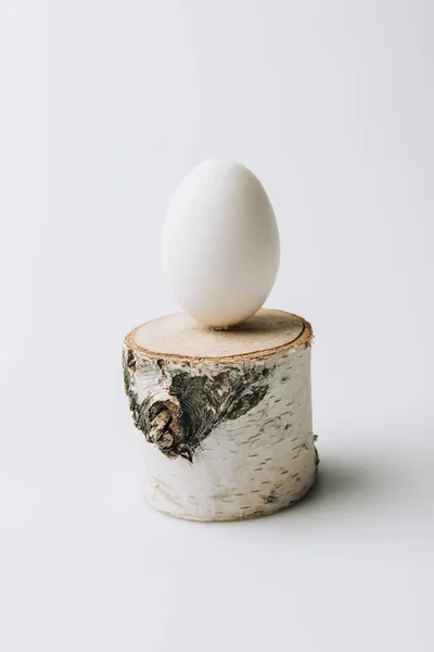 Huevo blanco puesta en tocón de madera sobre fondo blanco - foto de stock