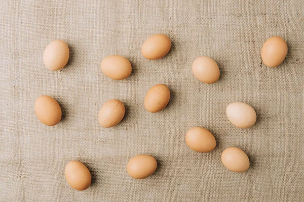 Brown eggs scatterd on sackcloth — Stock Photo