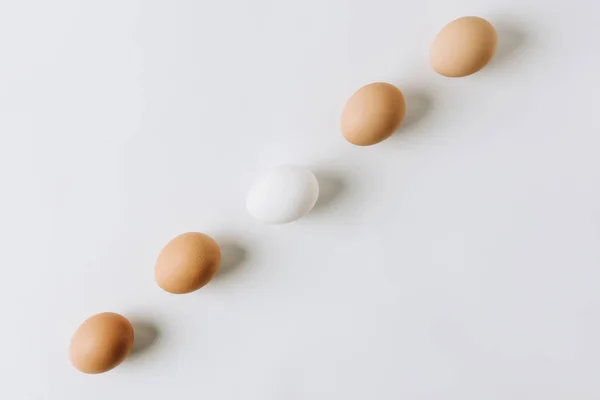 Oeufs blancs et bruns dans une rangée sur fond blanc — Photo de stock