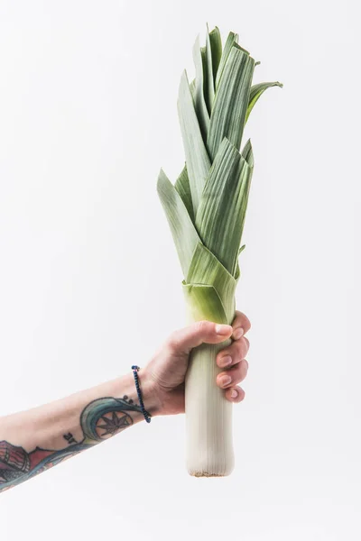 Mão segurando alho-porro verde isolado no fundo branco — Fotografia de Stock