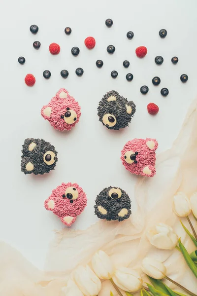 Vista superior de cupcakes gourmet en forma de osos, bayas frescas y flores de tulipán - foto de stock