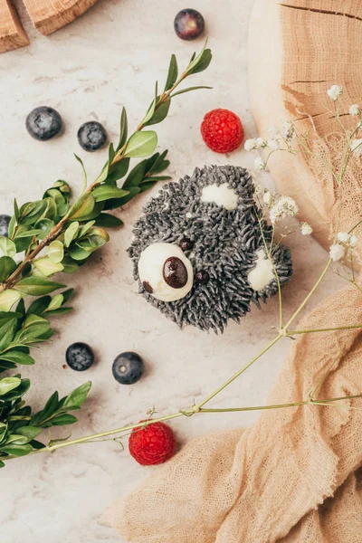 Top view of sweet tasty muffin in shape of bear and fresh berries with green branch — Stock Photo