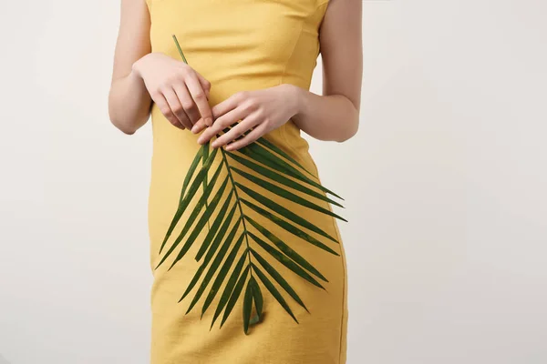 Colpo ritagliato di donna in abito giallo con ramo di palma isolato su bianco — Foto stock