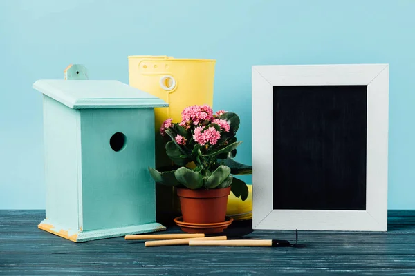 Nahaufnahme von Kalanchoe im Blumentopf, Gummistiefeln, Vogelhaus, Gartengeräten und leerer Tafel auf hölzerner Tischplatte auf blau — Stockfoto