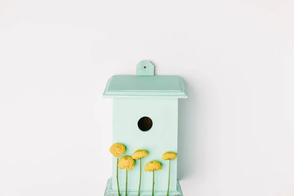 Vista dall'alto di birdhouse blu con fiori di crisantemo giallo isolati su bianco — Foto stock