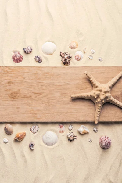 Starfish on wooden pier on sandy beach with seashells — Stock Photo