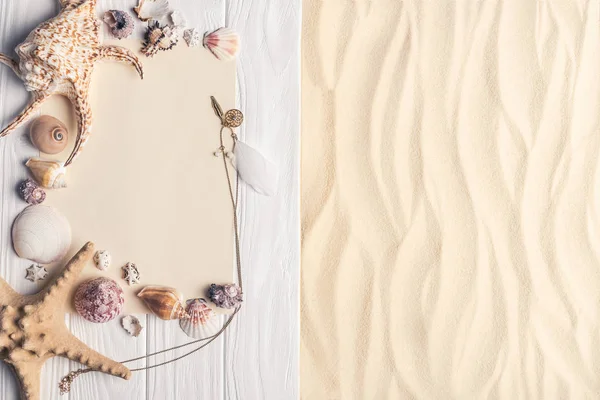 Summer travel template with seashells on light sand — Stock Photo