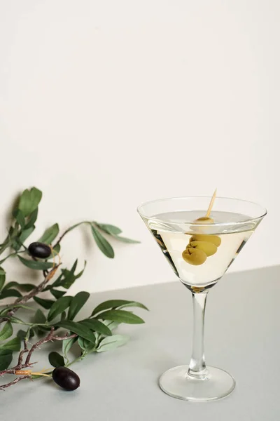 Коктейль Мартіні з оливковою гілкою на білому тлі — стокове фото