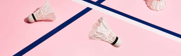 Shuttlecocks for badminton on pink background with blue lines — Stock Photo