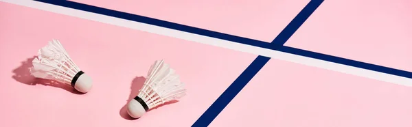 Two badminton shuttlecocks on pink background with blue lines, panoramic shot — Stock Photo