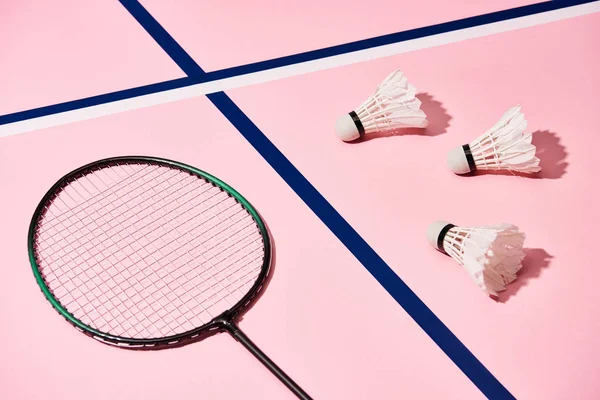 Raqueta de bádminton y lanzaderas sobre fondo rosa con líneas azules - foto de stock