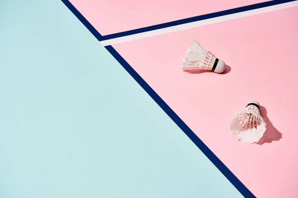 Badminton shuttlecocks na superfície pastel com linhas azuis — Fotografia de Stock