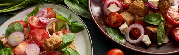 Fresh Italian vegetable salad panzanella served on plates on table, panoramic shot — Stock Photo