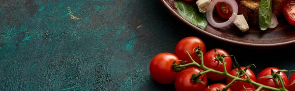 Ensalada de verduras italiana fresca panzanella servido en el plato sobre la mesa con tomates, plano panorámico - foto de stock
