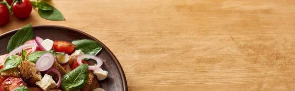 Вкусный итальянский овощной салат panzanella подается на тарелке на деревянном столе рядом со свежими помидорами, панорамный снимок — стоковое фото