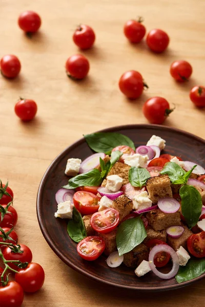 Foco seletivo de deliciosa salada de legumes italiana panzanella servida em prato em mesa de madeira perto de tomates frescos — Fotografia de Stock