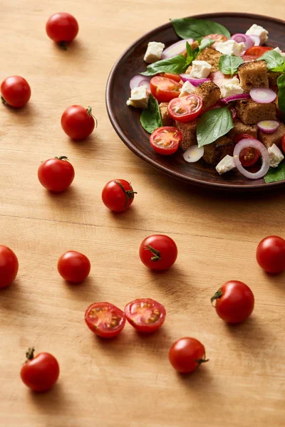 Deliciosa salada de legumes italiana panzanella servida em prato em mesa de madeira perto de tomates frescos — Fotografia de Stock