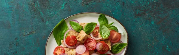 Top view of delicious Italian vegetable salad panzanella served on plate on textured green surface, panoramic shot — Stock Photo