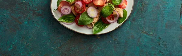 Vista superior de la deliciosa ensalada de verduras italiana panzanella servido en el plato en la superficie verde texturizada, plano panorámico - foto de stock