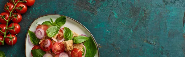 Vista superior da deliciosa salada de legumes italiana panzanella servido na placa na superfície verde texturizada com tomates, tiro panorâmico — Fotografia de Stock