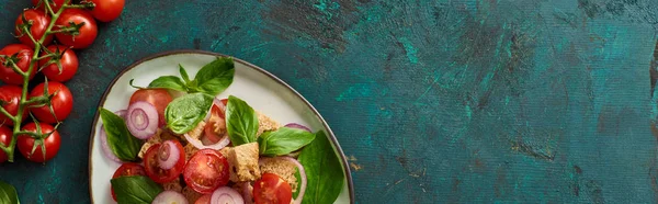 Vista superior de la deliciosa ensalada de verduras italiana panzanella servido en el plato en la superficie verde con textura con tomates, plano panorámico - foto de stock