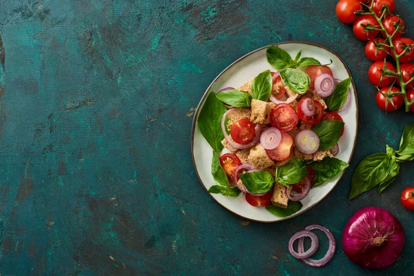 Vista superior de la deliciosa ensalada de verduras italiana panzanella servido en el plato en la superficie verde con textura con tomates, albahaca y cebolla roja - foto de stock