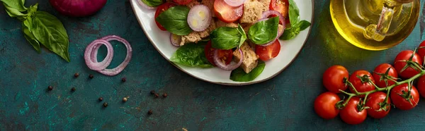 Vista dall'alto della deliziosa insalata di verdure italiana panzanella servita su piatto su superficie verde testurizzata con ingredienti, colpo panoramico — Foto stock