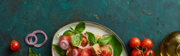 Vista dall'alto della deliziosa insalata di verdure italiana panzanella servita su piatto su superficie verde testurizzata con ingredienti, colpo panoramico — Foto stock