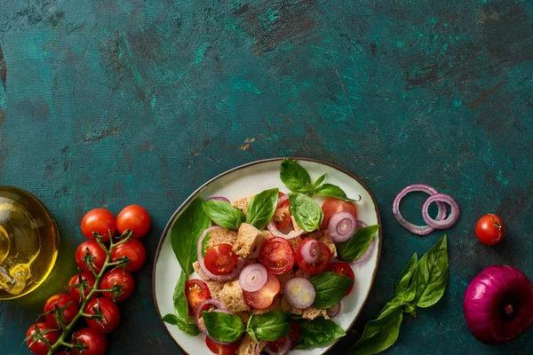 Vue du dessus de la délicieuse salade de légumes italienne panzanella servie sur une surface verte texturée avec des ingrédients — Photo de stock