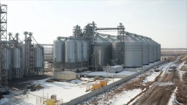 High angle aerial view of industrial elevators and dryers in Russia. Industrial elevator, top view.