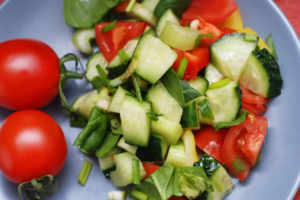 Sağlıklı salata domates, salatalık, yeşil soğan ile. Yunan salatası. Diyet kavramı. — Stok fotoğraf