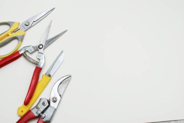 Çiçekçi ile kompozisyon üzerinde beyaz izole aletleri araçları