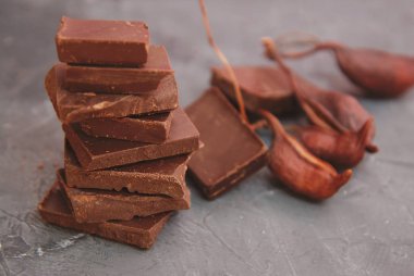 Çikolata izole ongray arka plan. Çikolata. İyi parçalar, çikolata sütlü çikolata ile. Pralin çikolata tatlılar çeşitli. yatay görüntü.