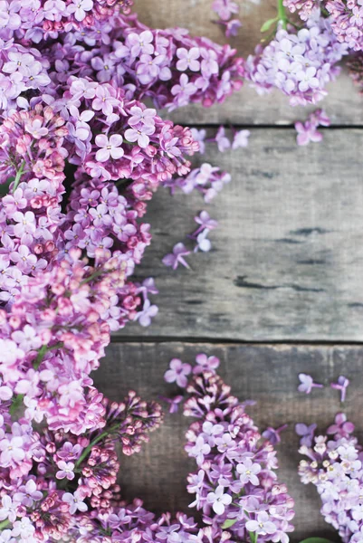 Tavaszi virágok. Lila virágok keret rusztikus szerkezetű szürke fa háttér. Felülnézet, lapos laikus — Stock Fotó