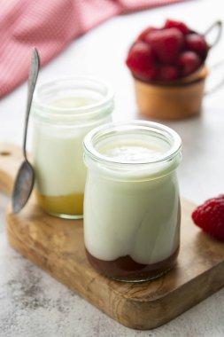 Meyveli cam kavanozda taze yoğurt. Sağlıklı yemek, süt günlüğü.