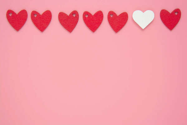 Red hearts Valentines mock up, pink background frame, border. Copy space.
