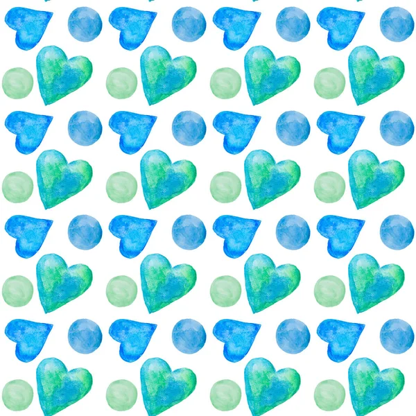 Set of blue abstract watercolour hearts, hand drawn seamless pattern. — 스톡 사진