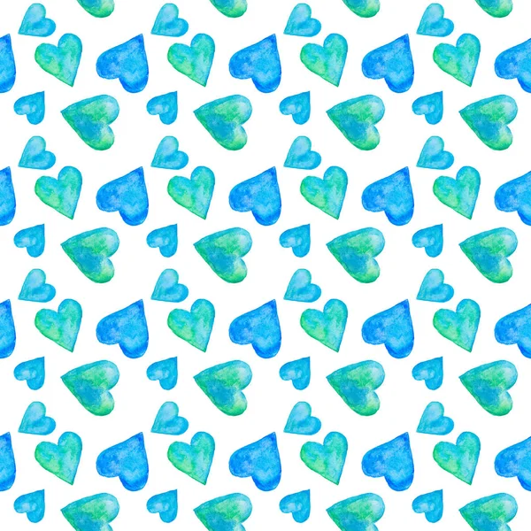 Conjunto de corazones de acuarela abstractos azules, patrón sin costuras dibujado a mano . — Foto de Stock