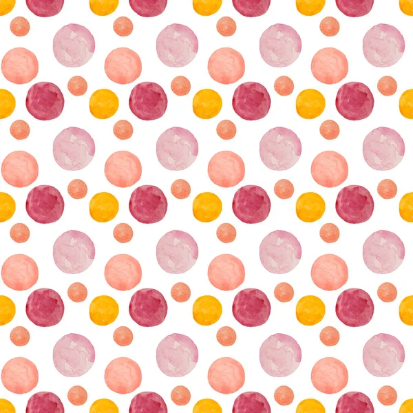 Zaokrąglone plamy akwareli wzór kropek. Płynny wzór z pomarańczowymi, różowymi, żółtymi kropkami na białym tle. Ręcznie rysowane abstrakcyjne tapety — Zdjęcie stockowe