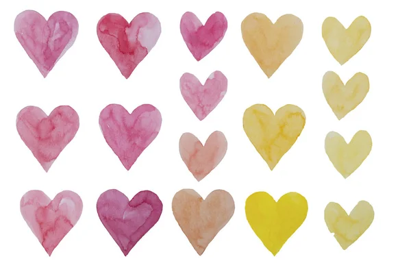 Valentine's Day hearts, watercolor hand painting pink and yellow isolated hearts. — 스톡 사진