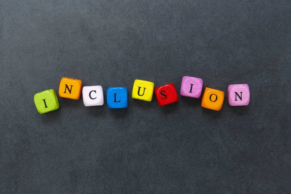 Texte d'inclusion de cubes multicolores sur fond sombre. Concept social inclusif . — Photo