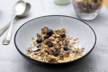 Yulaf ezmesi, tahıl gevreği, kurutulmuş meyve, yabanmersini, süt ve bal. Sağlıklı yemek, temiz yemek. Boşluğu kopyala.