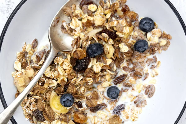 全体のオート麦の朝食,ドライフルーツとブルーベリーとグラノーラ,ミルクと蜂蜜.健康食品、きれいな食事. — ストック写真