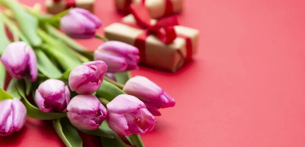 Rózsaszín tulipán virág csokor és ajándék dobozok piros alapon. Valentin-nap vagy anyák napja baner. — Stock Fotó
