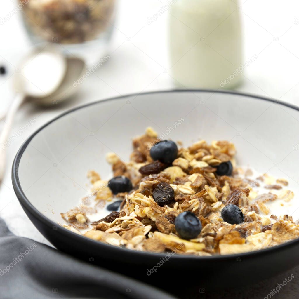 Whole oats breakfast, granola with dried fruit and blueberry, milk and honey. Healthy food, clean eating. Square image.