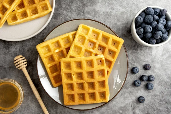 Belgian Waffles Blueberry Honey Breakfast Delicious Homemade Pastry Dark Background — Stock Photo, Image