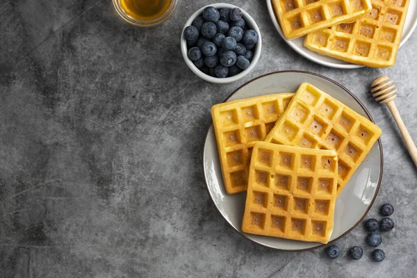 Belgian Waffles Blueberry Honey Breakfast Delicious Homemade Pastry Dark Background — Stock Photo, Image