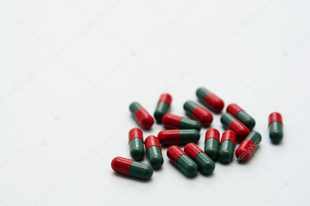 Close up pills - health care, virus, food supplement or pain prescription. Copy space for text.