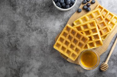 Kahvaltıda yaban mersinli Belçika waffle 'ı ve bal. Lezzetli ev yapımı hamur işi. Koyu arkaplan.